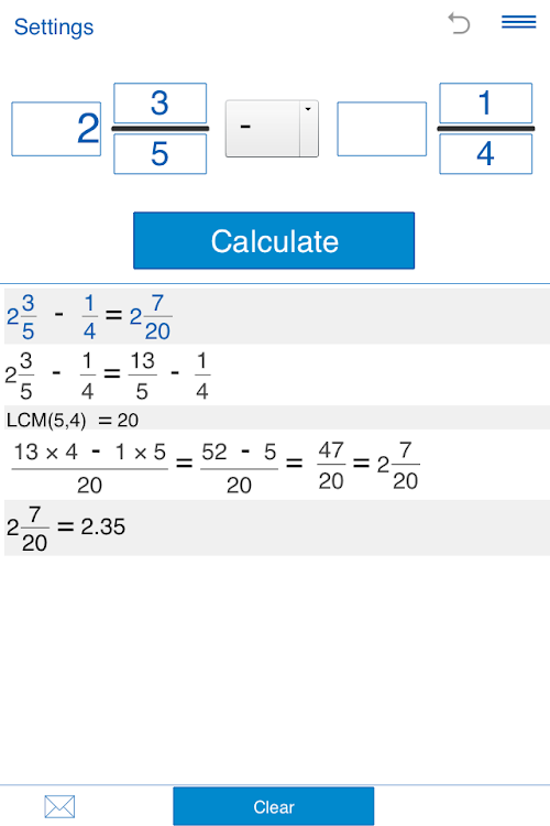 Android application Fraction calculator screenshort