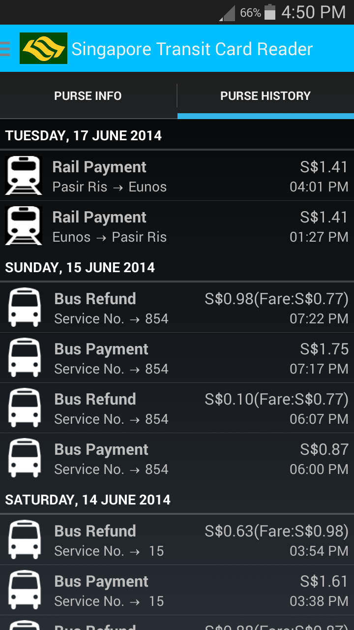 Singapore Transit Card Reader Screen 3