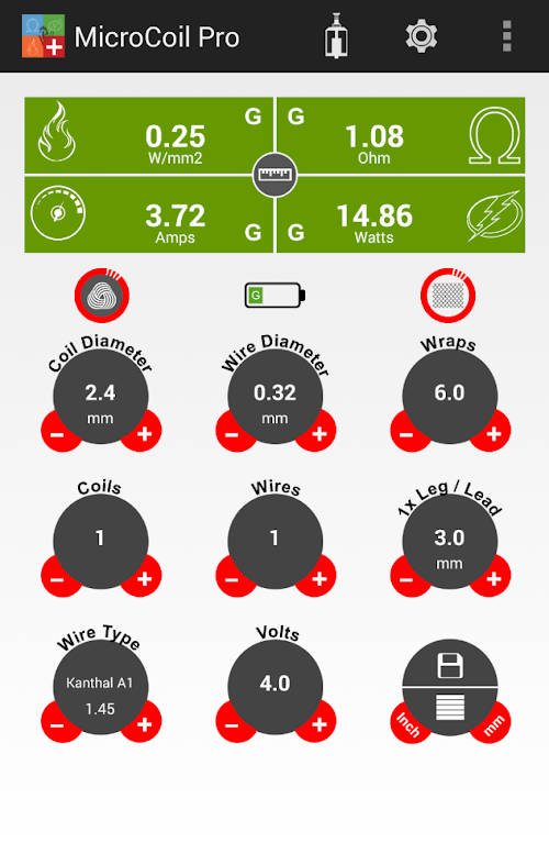 Android application MicroCoil Pro (Swiss VP) screenshot
