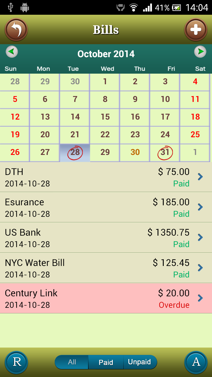 Bills Tracker for Android Screen 2