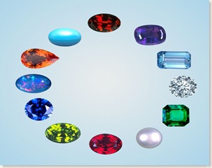 Birthstones, clockwise from top:Garnet, Amethyst, Aquamarine, Diamond, Emerald, Pearl, Ruby, Peridot, Sapphire, Opal, Topaz, Turquoise