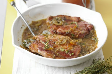 Sticky thyme & mustard bacon chops