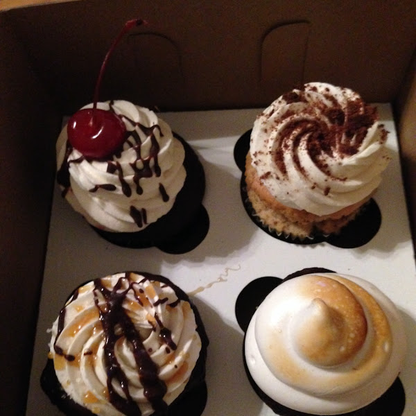 Hot fudge sundae, cookies and cream, salted caramel mocha, and camp out cupcakes! All delicious!