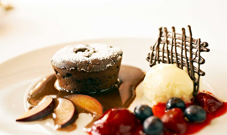 A dessert dish, including sorbet, fruit and chocolate treats, at Amphora Restaurant aboard Wind Star.