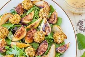 Fig &amp; Pear Salad with Pistachio Crusted Labne and Honey &amp; Lavender vinaigrette