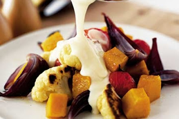 Roast winter veg with fondue sauce