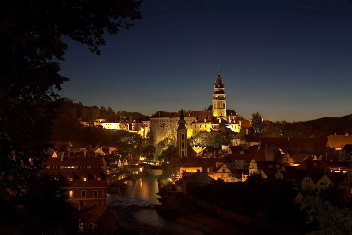 Czech-Cesky-Krumlov - A night view of Cesky Krumlov, in the South Bohemian region of the Czech Republic. Old Cesky Krumlov is a UNESCO World Heritage Site.