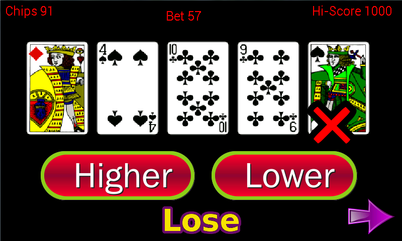 Higher or Lower Pro card game Screen 2