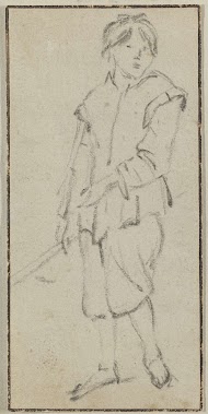 Zittende vrouw en staande man met een mand op zijn rug