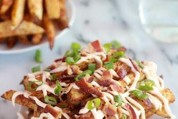Double-Baked Fries with Garlic Cheese Sauce and Bacon