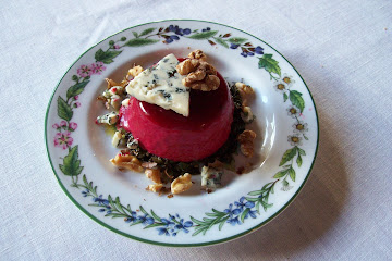Beet Panna Cotta with Beet Greens in Vinaigrette, Gorgonzola, and Roasted Walnuts