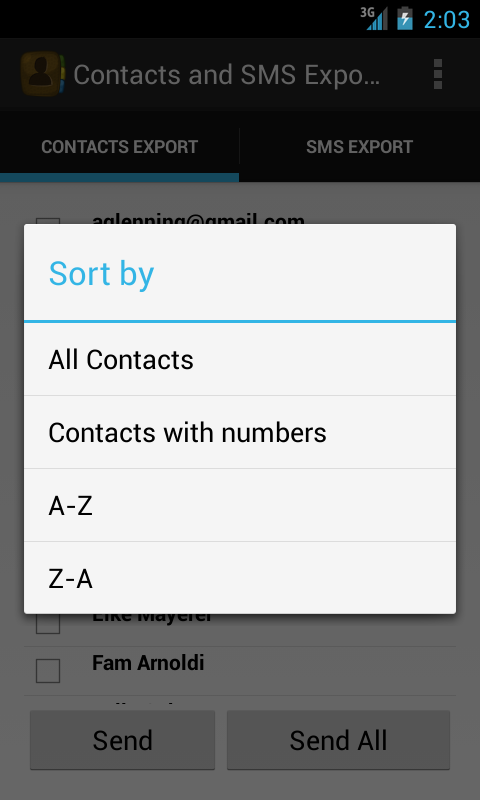 Email My Texts or Contacts Screen 2