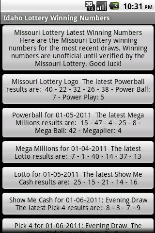 Android application Missouri Lottery Winning Numbe screenshort