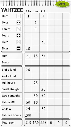 Yahtzee scoresheet