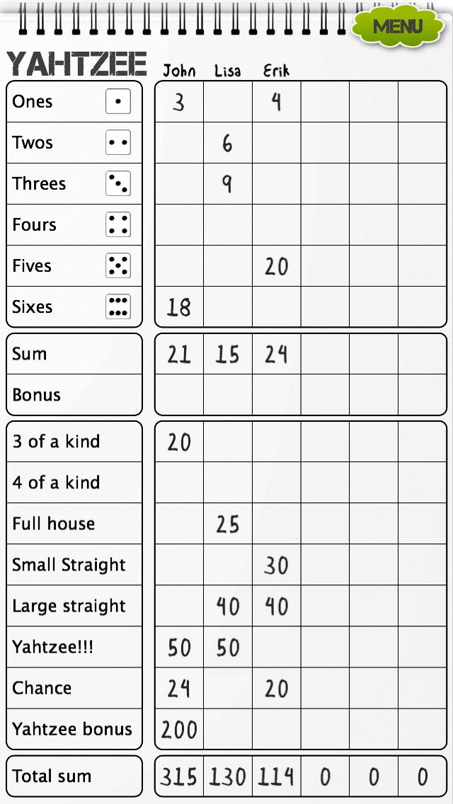Yahtzee scoresheet Screen 1