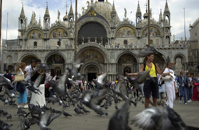 St. Mark' Basilica, with the pigeon-populated square in the foreground. Feed them? Sure. But bring something with you to wipe off the inevitable results.
