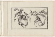 Twee mannenkoppen met groteske hoeden en kragen