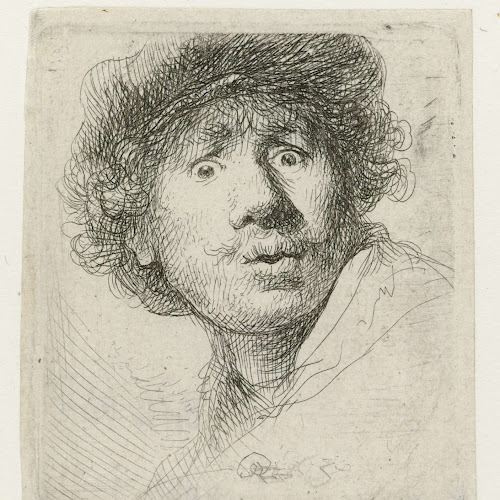 Zelfportret met baret, wijd open ogen en open mond, Rembrandt van Rijn, 1630 - Rijksmuseum