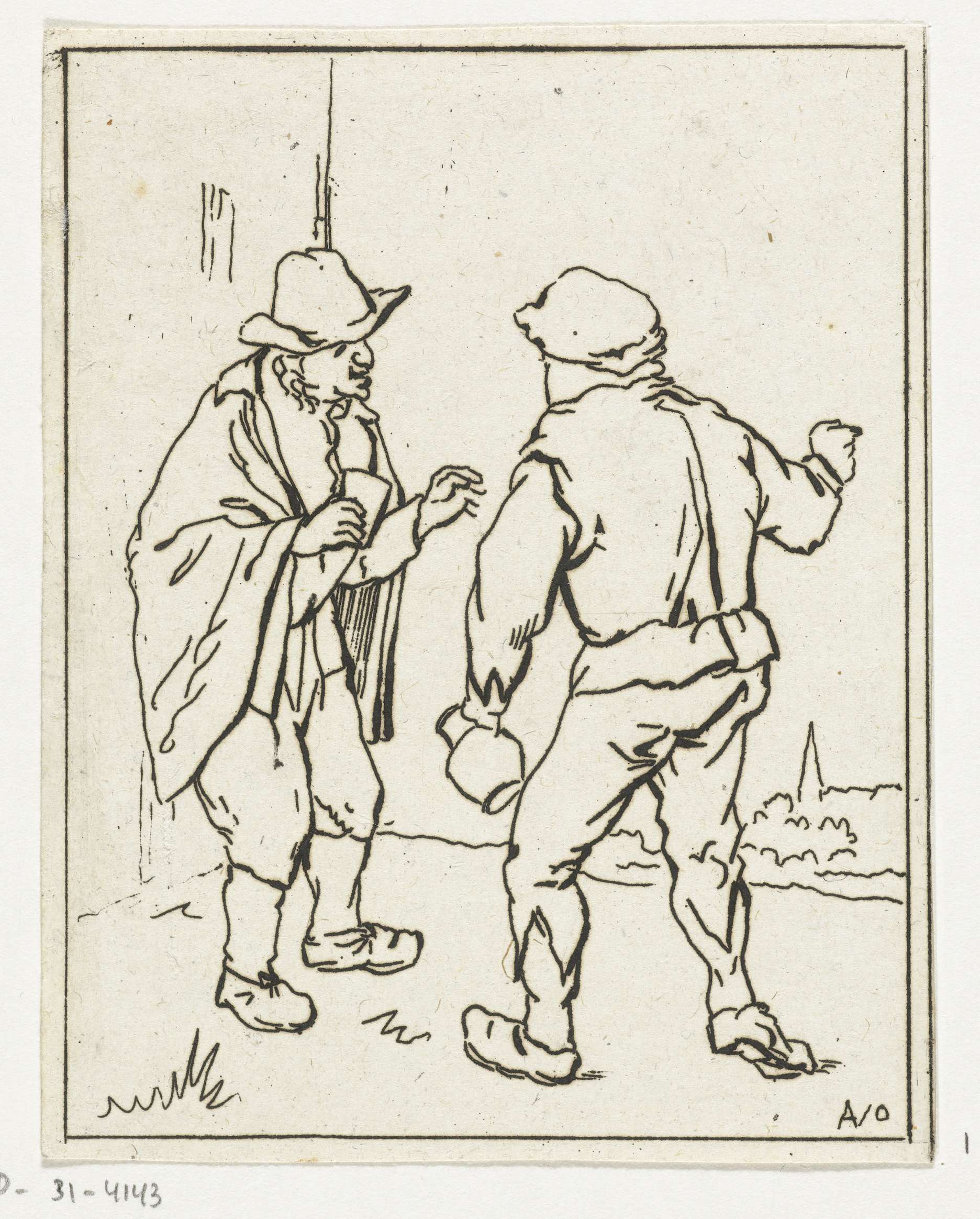 Twee staande mannen in gesprek