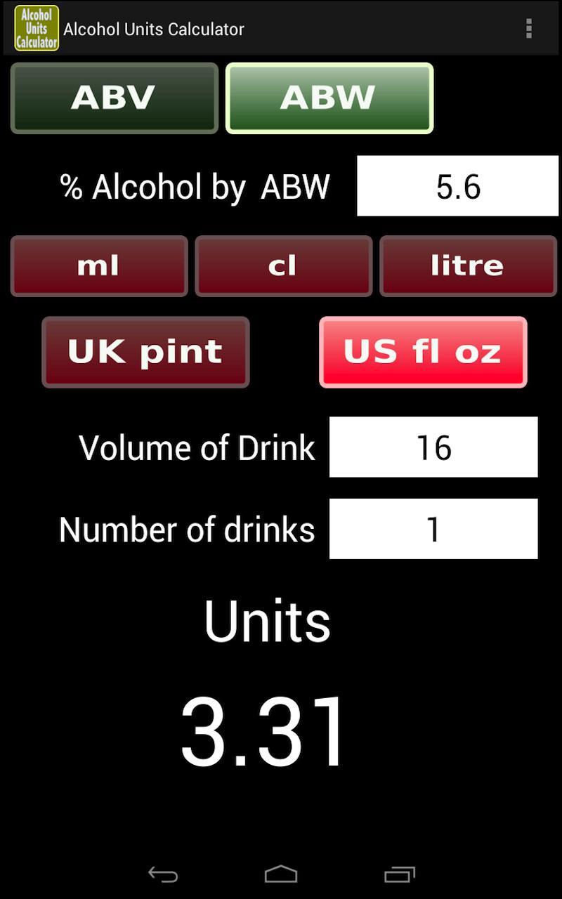 Alcohol Units Calculator Screen 2