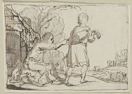 Een zittende en een staande man in een landschap