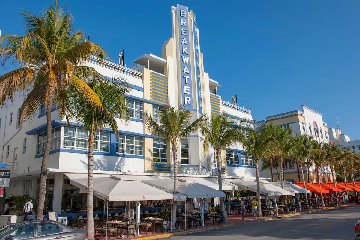 Miami-South-Beach-Breakwater-Hotel-front-exterior - The Breakwater Hotel on Ocean Drive in South Beach, Miami.