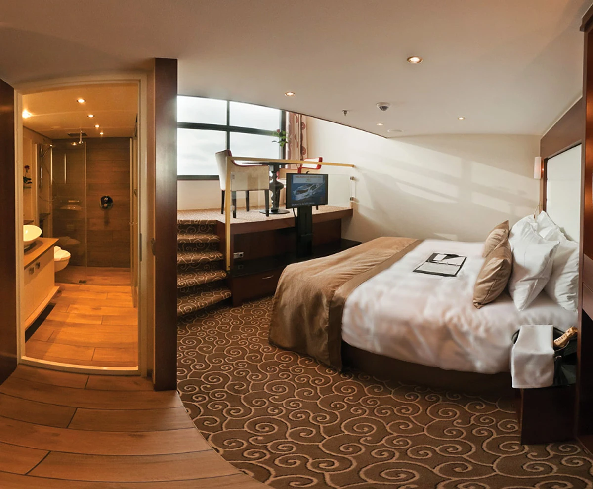 Tauck-LoftCabin-RoomPlusBath - A loft cabin with bath aboard Tauck's identical river cruise ships Inspire and Savor.