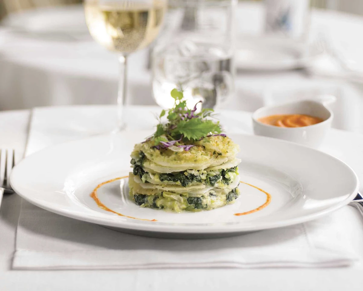 Royal-Caribbean-dining-potato-leek-spinach - Potato Leek and Spinach Tower, available from the kitchen of your Royal Caribbean ship. 
