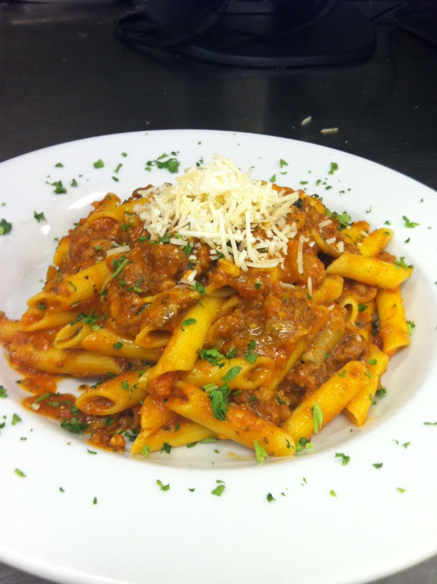 Gluten free penne with meat sauce! So delicious!