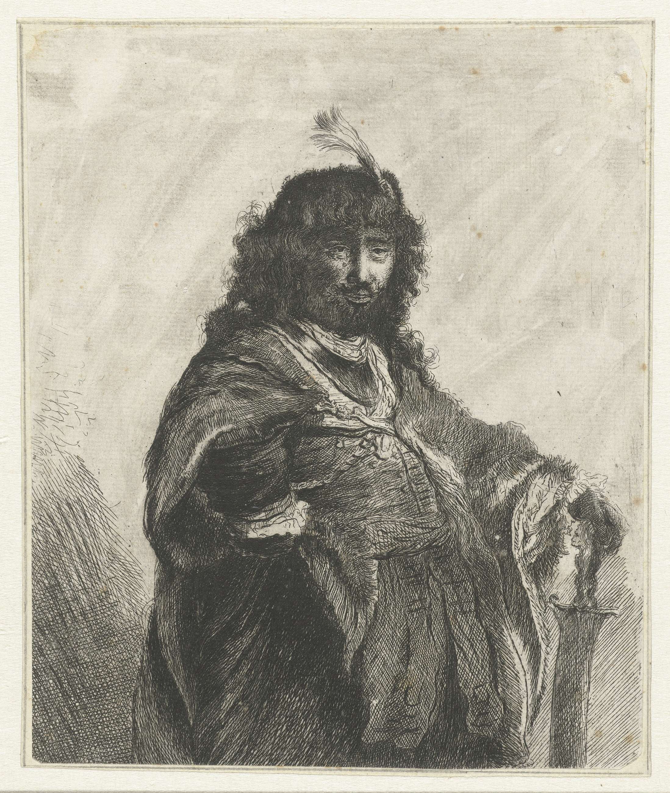 Zelfportret(?) met gepluimde baret, de hand leunend op een sabel