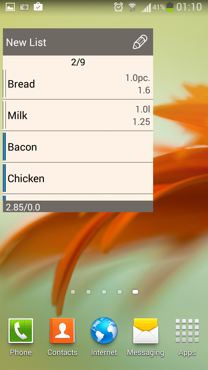 Shopping list Widget Screen 1