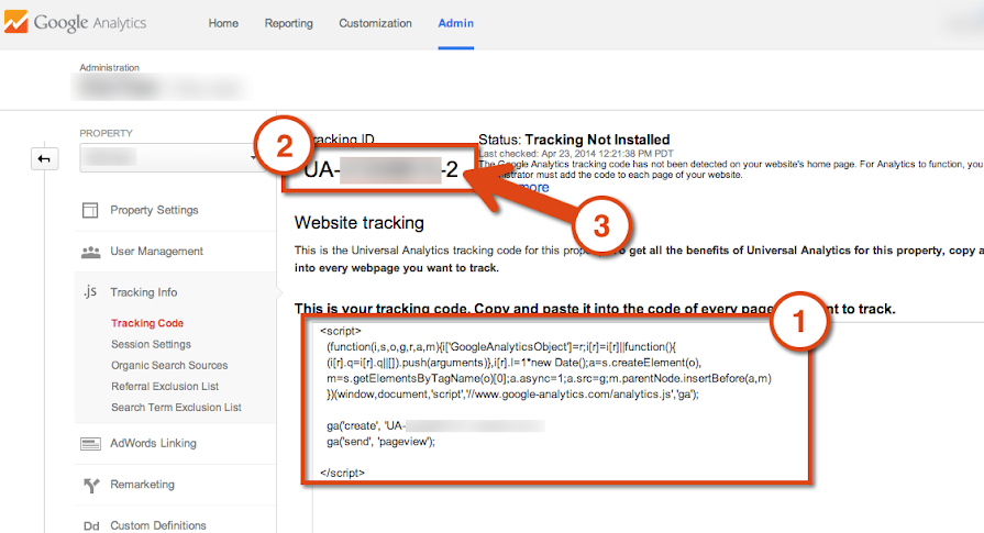 Location of the tracking code, tracking ID, and property number in your account.