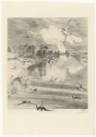 Landschap met zwaluwen in vlucht boven rivier