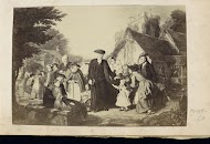 Fotoreproductie van een prent van een begroetingstafereel bij een kerkje op het platteland